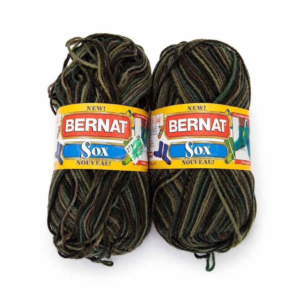 Bernat‎ Sox Yarn Lot of 2 Army Hot Color 40014 Super Fine #1 203 Yds Each
